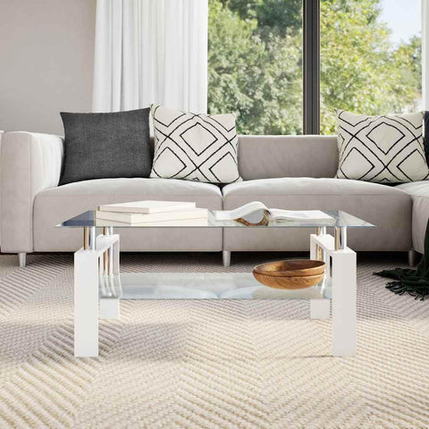 Oakestry Coffee Table White and Transparent Tempered Glass, Melamine Premium Storage Cabinet Modern Luxury Storage Solution Elegant Dining Interior Furniture Space Saving Organizer