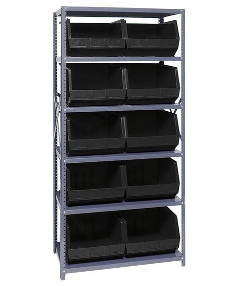 Quantum Storage Systems QSBU-270BK Solid Heavy Duty 6 Shelves 10 Ultra Stack & Hang Black Bins 75" H x 36" W x 18" D