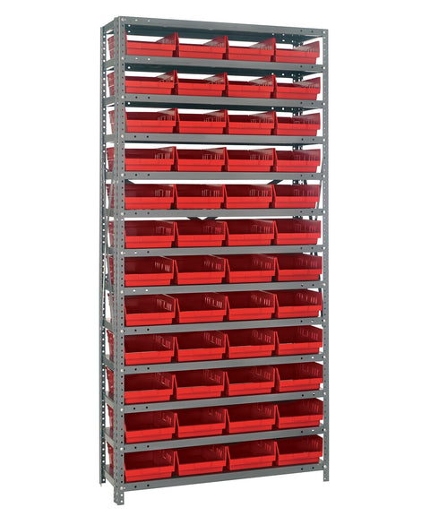 Quantum Storage Systems 1275-107RD Steel Shelving Unit with 4" Shelf Bins, 12" D x 36" W x 75" H, Red