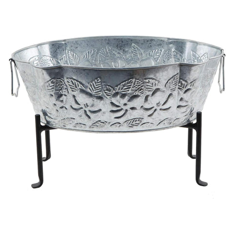 Oakestry Embossed Oval Tub with Folding Stand Galvanized Steel Planter Rustic Farmhouse Garden Decor Indoor Outdoor Display for Plants Flowers Storage Accent Home Patio Balcony Entryway