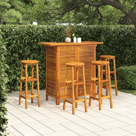 Oakestry 5-Piece Garden Bar Set Solid Acacia Wood, Natural Finish Outdoor Bar Table with 4 Stools & Footrests