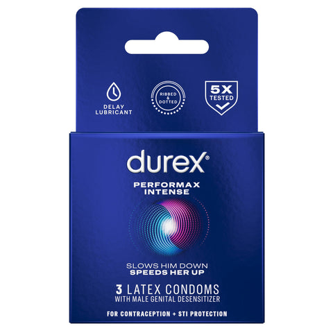 Durex Performax Intense Condoms, Ultra Fine, Ribbed, Dotted with Delay Lubricant Natural Rubber Latex Condoms for Men, 3 Count