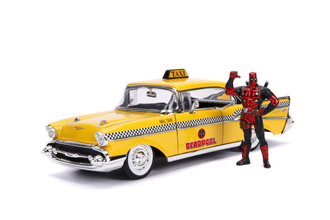 Jada Toys Marvel Deadpool 1957 Chevrolet Bel Air Taxi Deadpool Die-cast Car, 1:24 Scale Vehicle, 2.75" Collectible Figurine, 100% Metal, Yellow