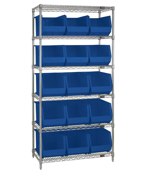 Quantum Storage Systems WR6-260BL 6-Tier Complete Wire Shelving System with 15 QUS260 Blue Giant Open Hopper Bins, Chrome Finish, 18" Width x 36" Length x 74" Height