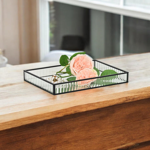 Veldra Black Rectangular Fluted Glass Tray - Large 11.125" - Rectangular Glass Tray for Living Room, Elegant Black Finish - by Cheungs