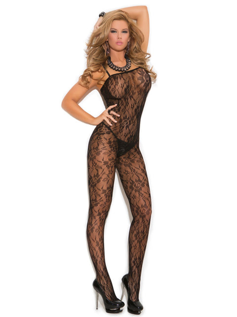Rose Lace Bodystocking With Open Crotch - Queen Size - Black