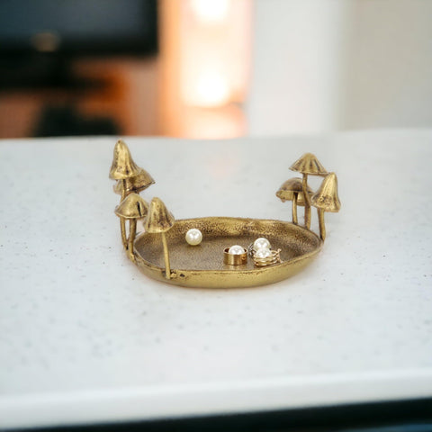 Qinrie Mushroom Round Cast Iron Trinket Dish - Handcrafted 6" Gold Accent for Table and Dresser - by Cheungs