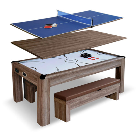 Hathaway Driftwood 84-in 3-in-1 Air Hockey Table with Ping Pong Top & Dining Surface for Game Room – with LED Scoring, 120V Blower, Storage Benches, Paddles, Balls, Strikers, Pucks – Driftwood Finish