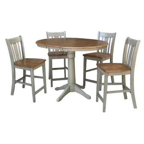 IC INTERNATIONAL CONCEPTS 36" Round Wood Distressed Hickory/Stone Extension Dining Table with 4 Stools