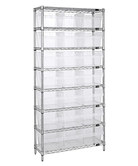 Quantum Storage Systems WR8-816CL Wire Heavy Duty 8 Shelves 21 STORE-MAX Clear Bins 74" H x 36" W x 24" D