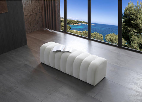 Whiteline Modern Living Vertigo Bench, in White Boucle Fabric BIX-RHEIN01A, with Steel Inner Frame.