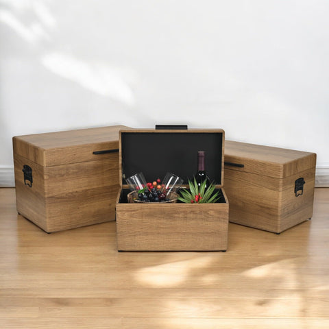 Cheungs Sable Set of 3 Brown Rectangle Wood Trunks with Black Handles - 19.25" Living Room Storage