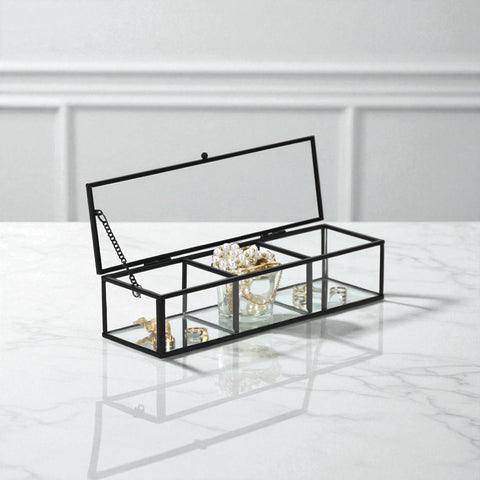 Verena 10.625" Glass Display Box – Decorative Storage – Black Metal Frame with 3 Compartments – Modern Style – For Living Room, Shelf, or Vanity – By Cheungs