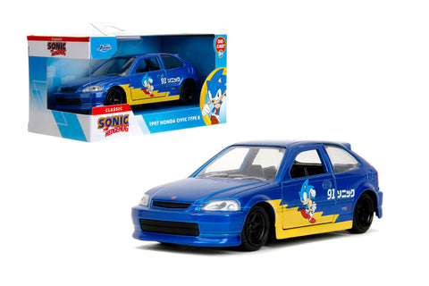 Jada Toys Sonic the Hedgehog with 1997 Honda Civic Type-R Die-Cast Car – 1:32 Scale, Highly Detailed Collectible Model with Sonic Figure, for Ages 8+