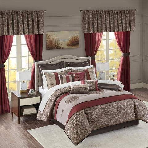 Oakestry 24pc Essentials Delaney Jacquard Embroidered All Season Luxury Bedding Sheets, Curtains and Decorative Pillows, Valance, King(104"X92"), Medallion Red