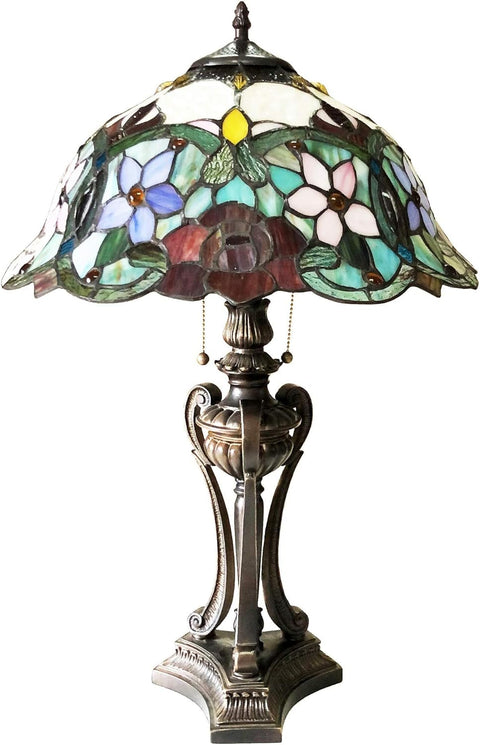 Benjara CH1T231RF17-TL2 Piper Tiffany-Style Floral Stained Glass Table Lamp 26" Height, Antique Bronze
