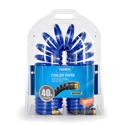 Camco 40’ Coiled Water Rust Resistant Brass Fittings, Hose Design Prevents Kinking and Tangling, for Car Washing and Gardening (41985), Blue