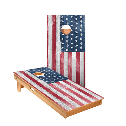 Skip's Garage White Rustic Wood American Flag Cornhole Boards - Includes (2) Boards (Resin Bags) + (2) Hole Lights & (2) Edge Lights