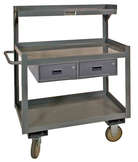 Portable Shop Desk With 5 Inch x 1-1/4 Inch Polyurethane Casters (2) Rigid And (2) Swivel With Side Brakes 3 Shelves 2 Lockable Drawers 1-1/2 Inch Lips Up On Top Shelf 3 Sides And Bottom Shelf On 4 Sides Gray