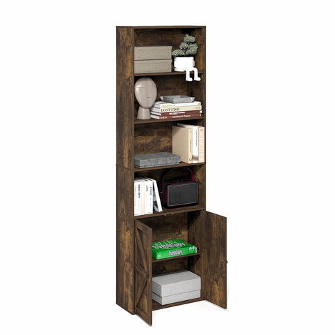 Furinno Jensen Book Shelf, 6-Tier Farmhouse Bookshelf, Display Bookcase with Doors, 9.2" x 21.6" x 71.2", for Organization and Storage, for Living Room, Bedroom, Home Office, Amber Pine
