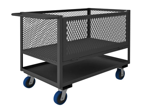 4 Sided Mesh Box Truck With 6 Inch x 2 Inch Polyurethane Casters (2) Rigid And (2) Swivel 2 Shelves Bottom Shelf Lips Up Tubular Push Handle And Drop Gate