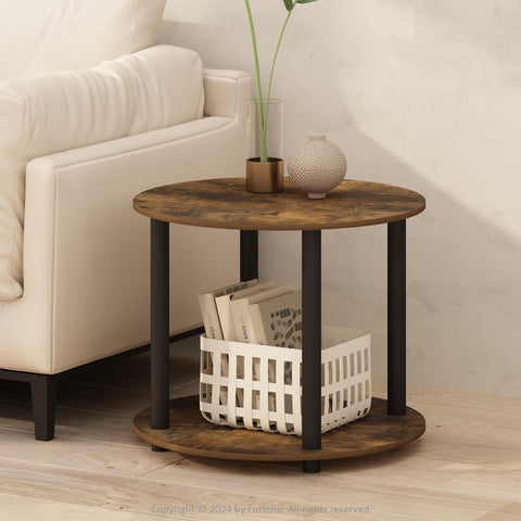 Furinno Turn-N-Tube Side Table, 2-Tier Round End Table with Open Shelf, Night Stand, Bedside Table, Toolless Assembly, for Living Room, Bedroom, Amber Pine