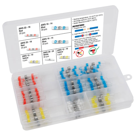 Performance Tool W5290 120 Pc. Heat Shrink Solder Connectors - Hot Melt Adhesive, Water-Resistant, Strong Electrical Connections, White, Red, Blue, Yellow