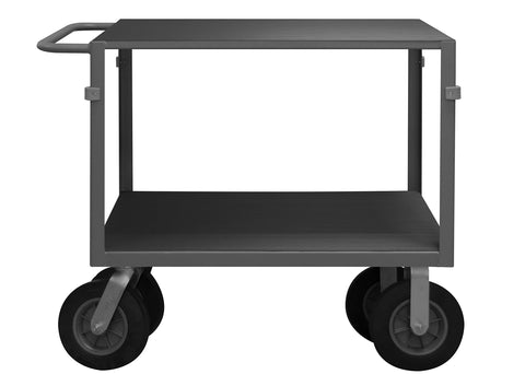 Instrument Cart 14 Gauge Steel 2 Shelves 24 x 36 1000 lbs. Capacity Wood Top w/ Vinyl Matting Cover Corner Bumpers (2) Rigid (2) Swivel 10 x 2-9/16 Semi-Pneumatic Casters Gray