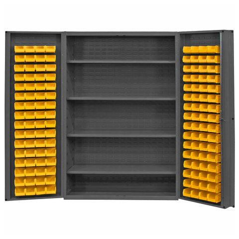Heavy Duty Cabinet 14 Gauge 48 x 24 x 72 4 Adjustable Shelves 128 Yellow Bins 4 Inch Deep Box Doors with Louvered Panel Lockable Chrome Handle with Keys Gray
