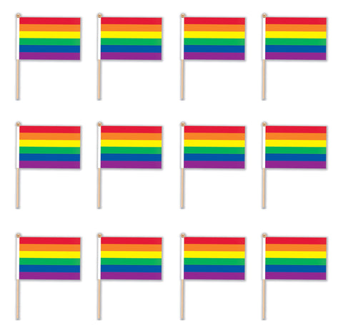 Beistle 12 Piece Polyester Fabric Rainbow Flags With Wooden Sticks Birthday Party Favor Decorations