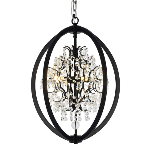 Bethel Black Metal Sphere Cage Chandelier with Clear Hanging Beaded Crystals