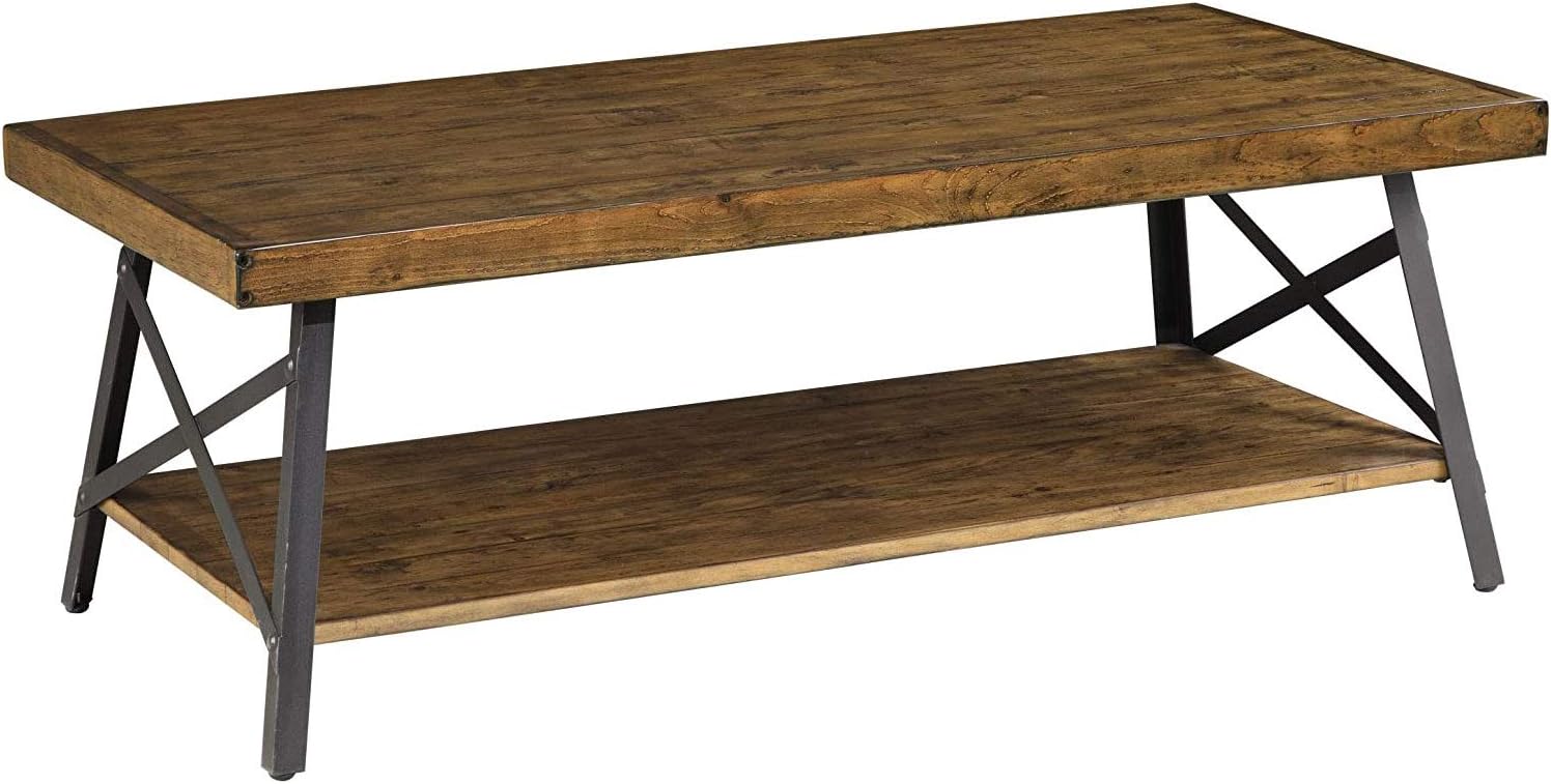 Chandler Rustic Industrial Solid Wood and Steel Coffee Table with Open Shelf, Pine Brown,48"