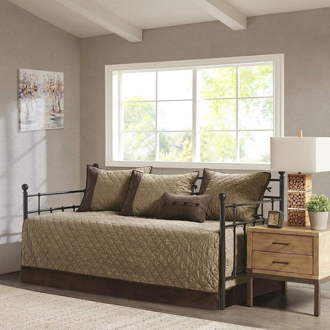 Oakestry 6-piece Daybed Cover Set All-Season Quilted Faux Bedding Reversible Diamond Stitch with Bed Skirt Matching Shams Cozy Luxury Comforter for Bedroom Boone 75" X39", Brown