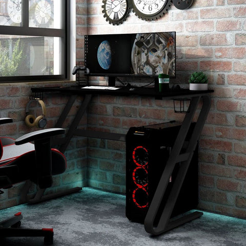vidaXL Ergonomic Gaming Desk with ZZ Shape Legs, Integrated Controller and Earphone Rack, Cup Holder, Ideal for PC, Monitors, Keyboards, 90x60x75 cm, 325410