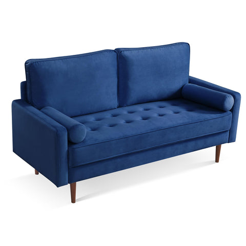 American Furniture Classics 69 Inch Wide Upholstered Two Cushion Sofa with Bolster Pillows in Blue Velvet
