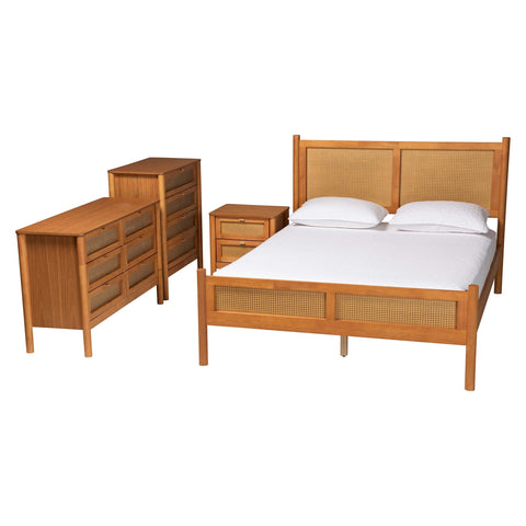 Baxton Studio Jenn Bedroom Set with Distressed-Finished Rattan, 4-Piece, Queen, Golden Brown