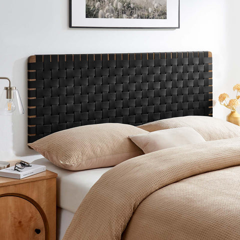 Modway Sparta Vegan Leather Weave Queen Headboard in Walnut Black, Faux Leather Queen Headboard Only with Wall Mount Design for Bedroom or Guest Room