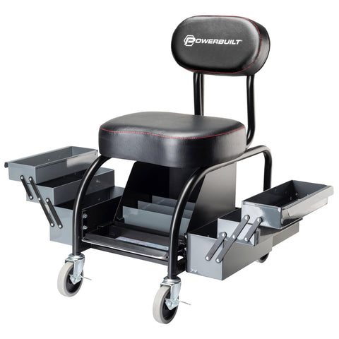 Powerbuilt Professional Mechanics Roller Seat, Heavy Duty Padded Detailer Seat and Backrest, Sliding Storage Drawers, Tool Tray, Can Holders, 4-Inch Swivel Wheels
