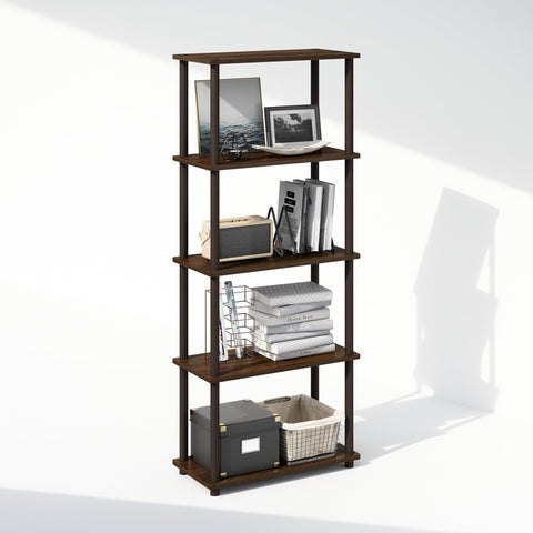 Furinno Turn-N-Tube Book Shelf, 5-Tier Bookshelf, Bookcase with Multipurpose Compact Display Rack, 11.6 x 23.6 x 57.4, for Living Room, Bedroom, Home Office, Walnut/Brown