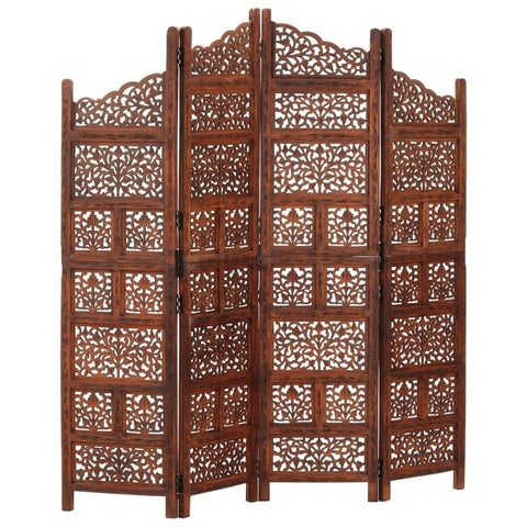 vidaXL Hand Carved 4-Panel Room Divider with Intricate Patterns - 63"x65" - Space Divider/Privacy Screen - Brown Solid Mango Wood
