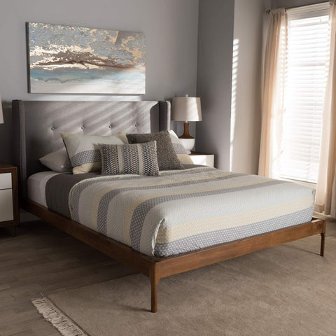 Baxton Studio Brooklyn Mid-Century Modern Walnut Wood Grey Fabric King Size Platform Bed Grey//Mid-Century/Fabric Polyester 100%"/MDF/LVL/Rubber Wood/Foam