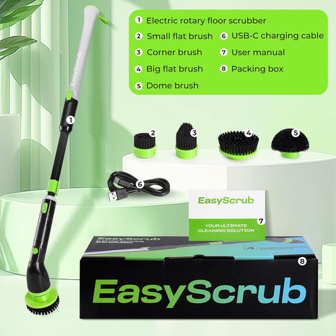 EasyScrub Cordless Electric Spin Scrubber - Powerful 350 RPM Cleaning with 4 Replaceable Heads, Adjustable Extension Handle, IPX7 Waterproof, Ideal for Shower, Tiles, Tubs, and Grout
