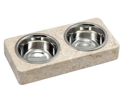 Creative Home Natural Champagne Marble Double Dish Pet Food Feeding Bowl Set with 1.0 Quart Stainless Steel Bowls, Round Corners