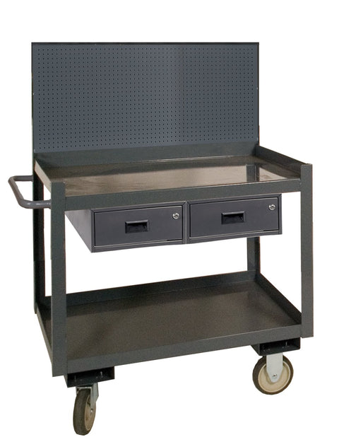 Stock Cart/WorkStation With Pegboard Panel 2 Shelves 30 x 36 14 Gauge 1200 lbs. Capacity 2 Drawers 5 x 1-1/4 Polyurethane Casters - (2) Rigid (2) Swivel with Side Brakes Gray
