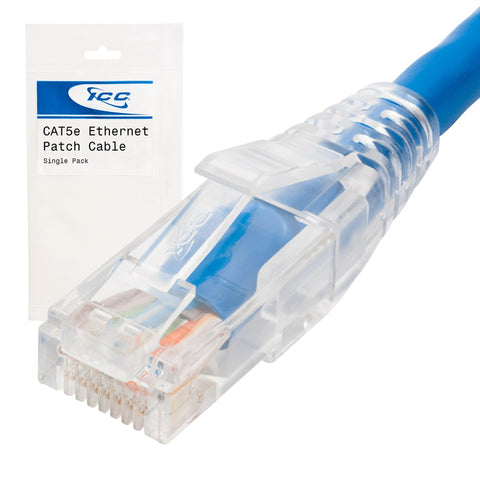 ICC CAT5e Ethernet Patch Cord with Clear Boot Strain Relief, RJ45, Stranded, 350 MHz, UTP, Pure Bare Copper Wire, 24 AWG, LAN Network Patch Cable, Blue, 14 FT, Single