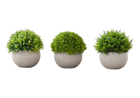 Monarch Specialties I 9589 Artificial Plant, 5" Tall, Grass, Indoor, Faux, Fake, Table, Greenery, Potted, Set of 3, Decorative, Green Plants, Grey Pots