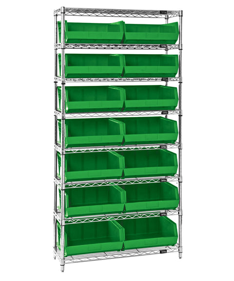Quantum Storage Systems WR8-250GN 8-Tier Complete Wire Shelving System with 14 QUS250 Green Giant Open Hopper Bins, Chrome Finish, 14" Width x 36" Length x 74" Height