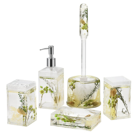 Locco Decor 5 Piece Acrylic Liquid 4D Floating Motion Bathroom Vanity Accessory Set Garden Botanic Green Plants Toothbrush Holder, Tumbler, Soap Dispenser, Soap Dish, Toiletbrush Holder Set