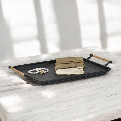 Syla Black Metal Tray with Wicker Wrapped Handles - Rectangle Metal Tray, 17.5-Inch, Black - Modern Table Decor for Living Room - by Cheungs