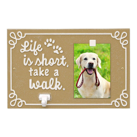 Whitehall Pet Photo Plaque Leash Hook - Cast Aluminum Life is Short Take a Walk Keepsake Animal Paw Print Wall Sign and Leash Holder with Picture Clip - Curry/White